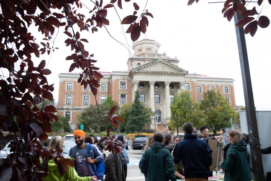 students in front of Admin Building